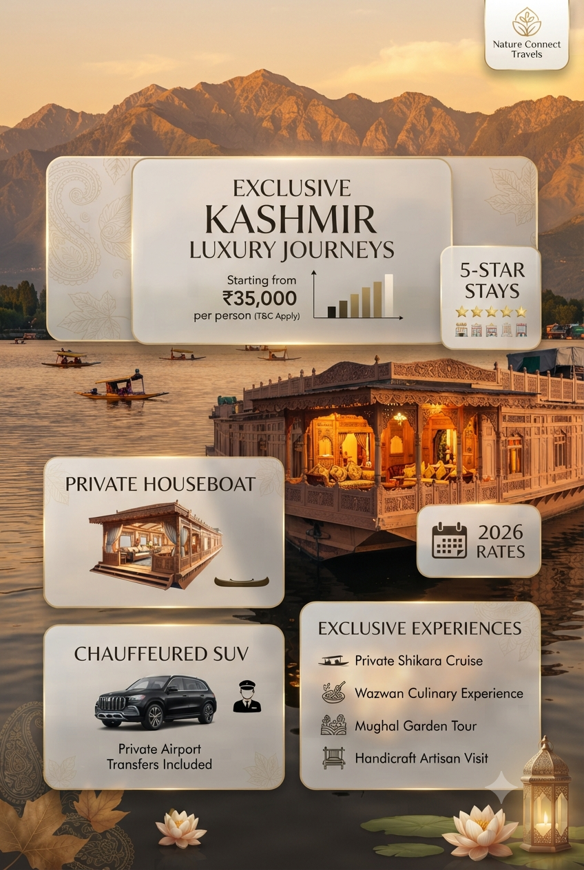 Kashmir luxury tour cost 2026 - Premium pricing infographic with houseboat and mountains