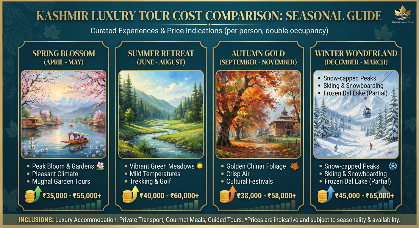 Kashmir luxury tour cost 2026 - Seasonal price comparison infographic