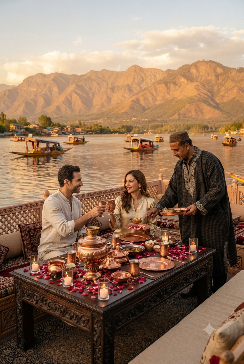 Kashmir luxury tour package price 2026 - private Wazwan dinner on luxury houseboat at Dal Lake