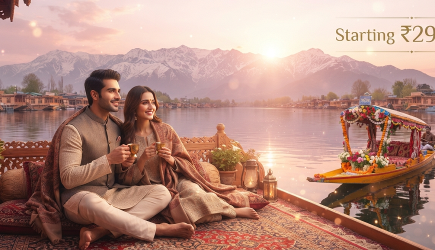 Kashmir packages for couples from Delhi - romantic couple enjoying houseboat sunset on Dal Lake with Nature Connect Travels