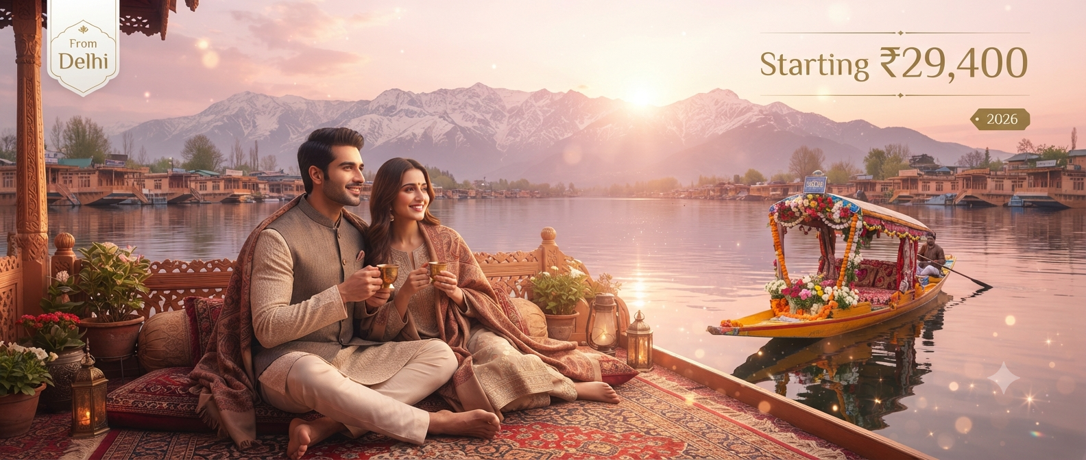 Kashmir packages for couples from Delhi - romantic couple enjoying houseboat sunset on Dal Lake with Nature Connect Travels