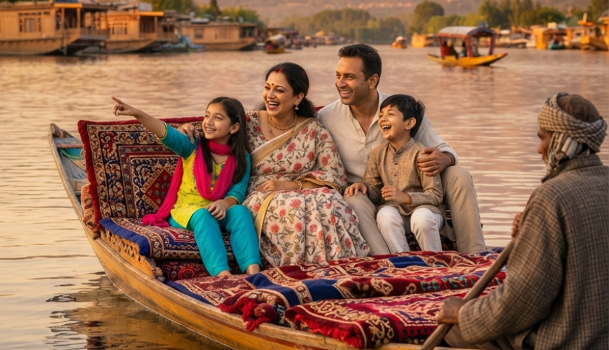 Kashmir packages from Kolkata 2026 - Bengali family enjoying shikara ride on Dal Lake