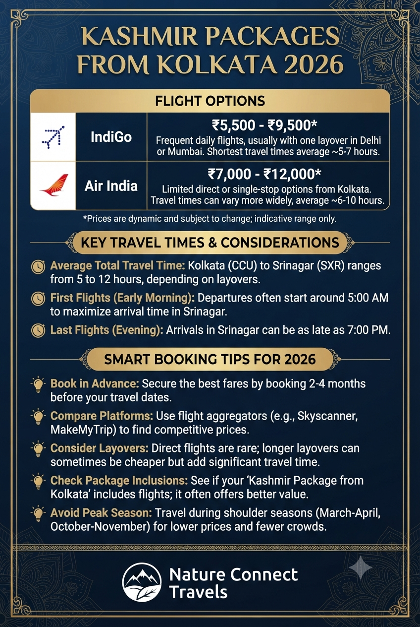 Kashmir packages from Kolkata 2026 flight options infographic
