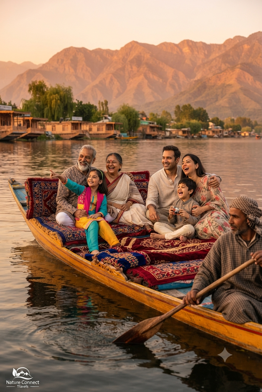 Kashmir packages from Kolkata for family 2026 - Bengali family enjoying shikara ride on Dal Lake