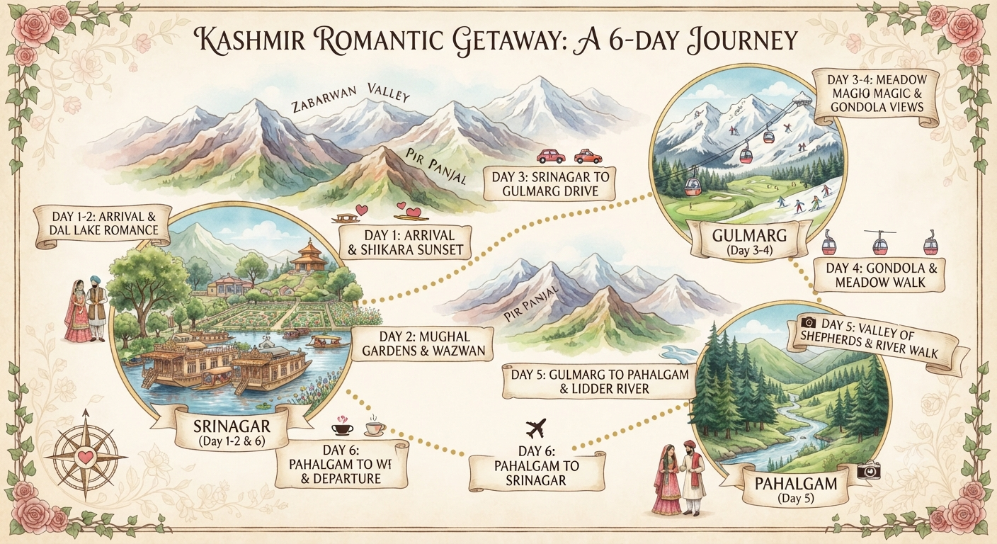  Kashmir romantic getaway package 5 nights 6 days 2026 - complete itinerary map