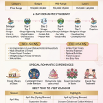 Kashmir romantic getaway package 5 nights 6 days 2026 infographic - package prices 22000-120000 rupees, romantic itinerary, inclusions houseboat shikara candlelight dinner