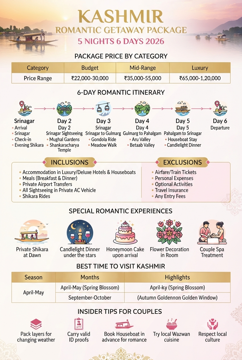 Kashmir romantic getaway package 5 nights 6 days 2026 infographic - package prices 22000-120000 rupees, romantic itinerary, inclusions houseboat shikara candlelight dinner