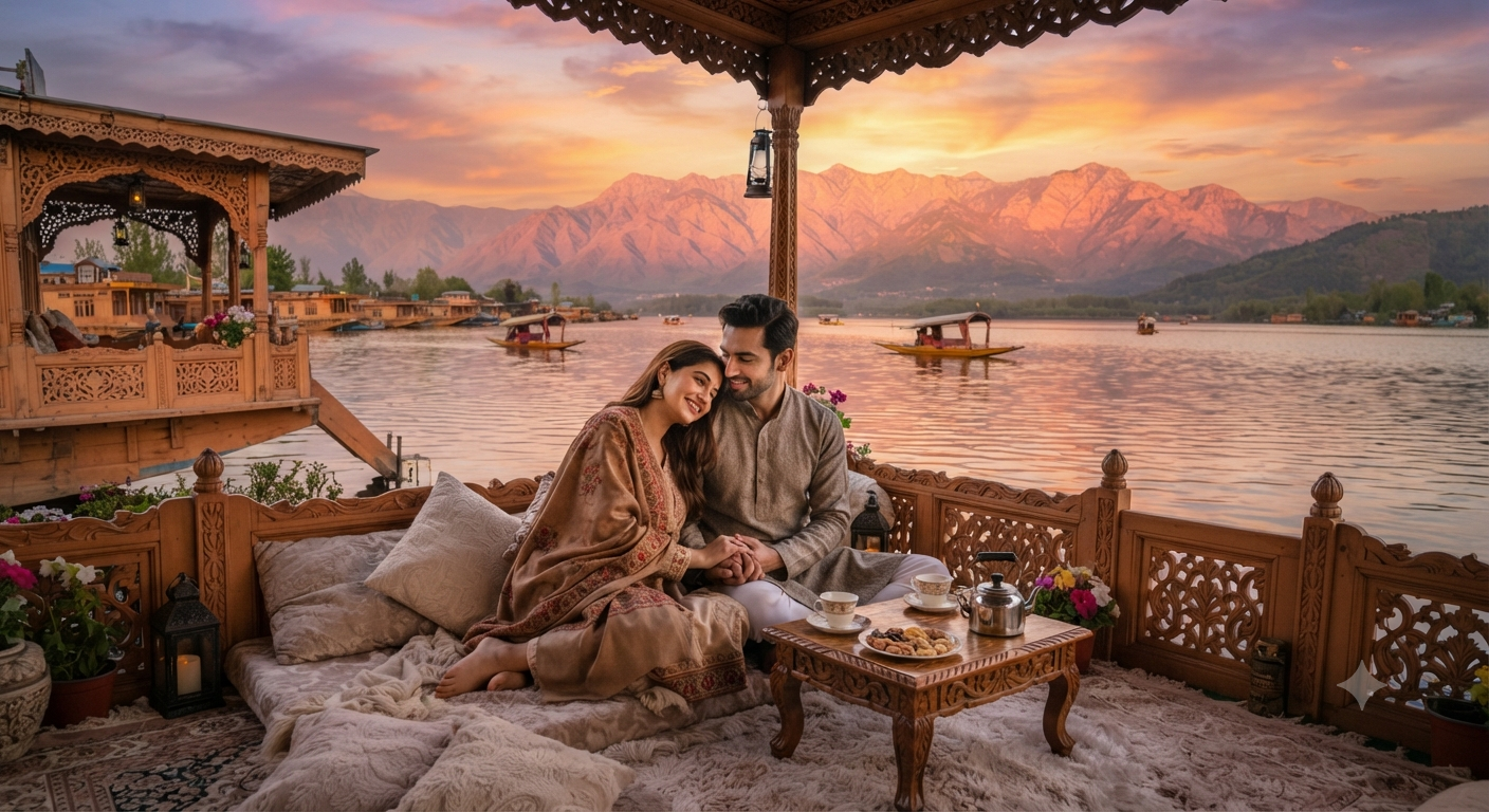 Kashmir romantic getaway package 5 nights 6 days 2026 - romantic couple on houseboat at Dal Lake sunset