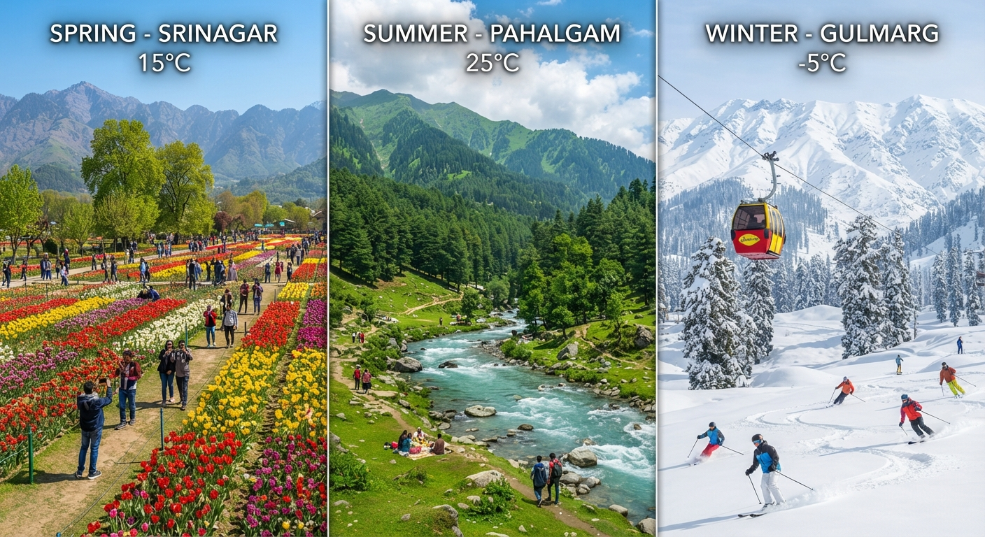 How to Plan a Kashmir Holiday Package 2026 | Complete Guide 10 Kashmir seasonal comparison - spring tulips in Srinagar, summer green valleys in Pahalgam, winter snow in Gulmarg - how to plan a Kashmir holiday package by season
