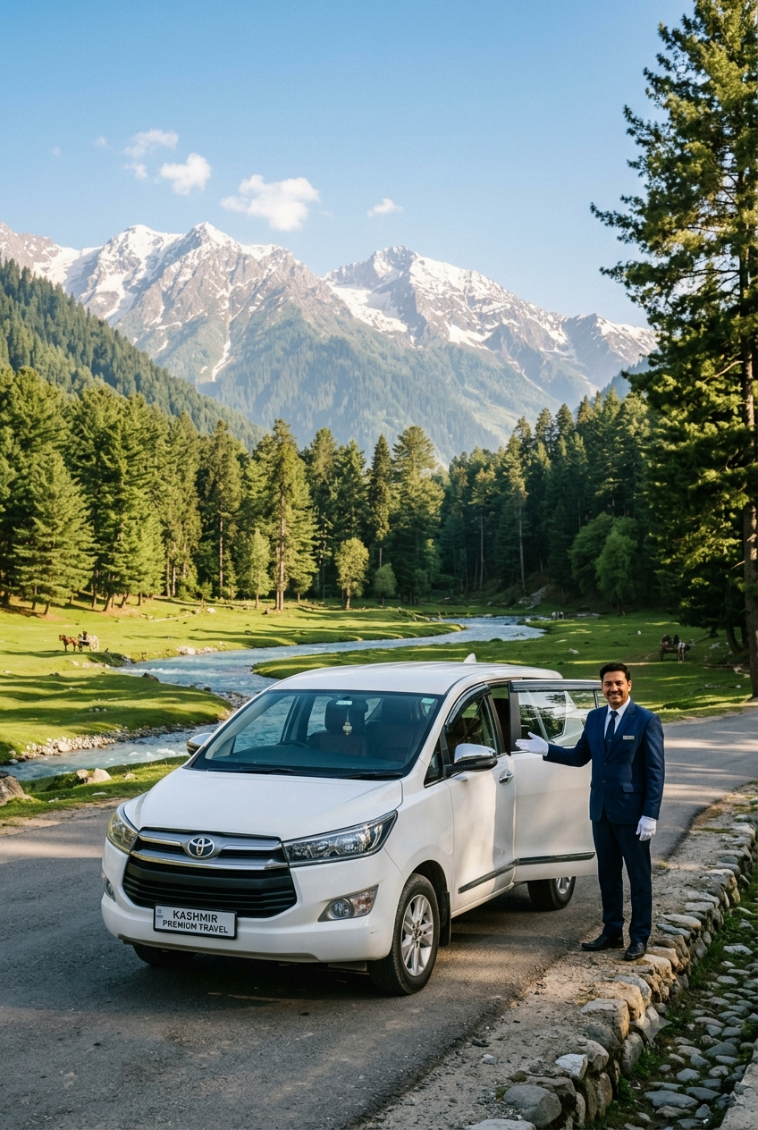 Kashmir taxi package price 2026 - Innova Crysta on scenic mountain road with driver