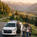 Kashmir taxi package price per day 2026 - Innova Crysta with family on scenic Kashmir road