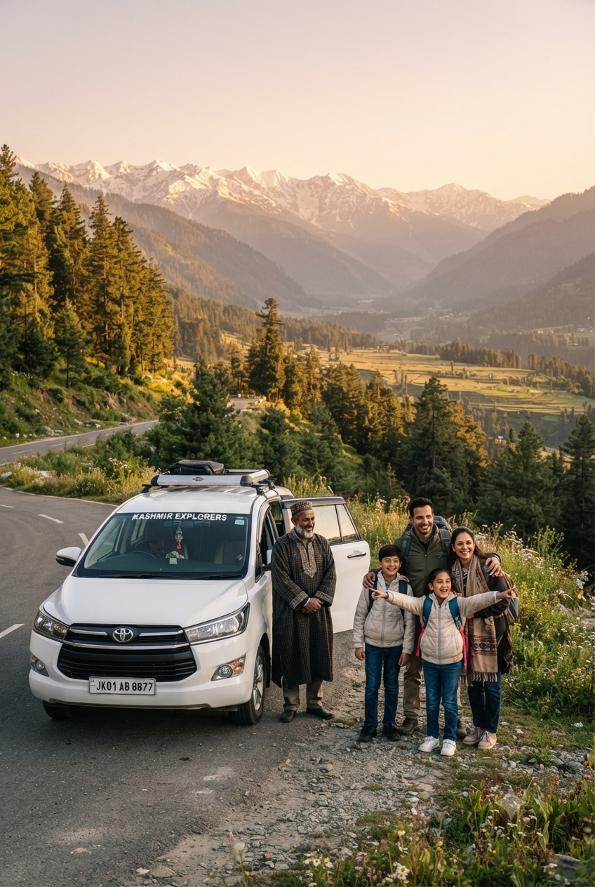 Kashmir taxi package price per day 2026 - Innova Crysta with family on scenic Kashmir road