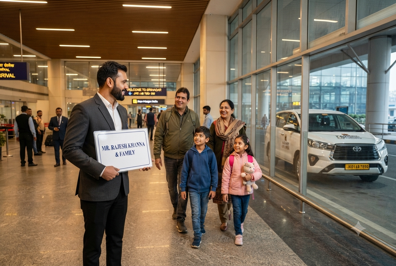 Kashmir taxi package price per day 2026 - professional chauffeur at Srinagar Airport greeting family