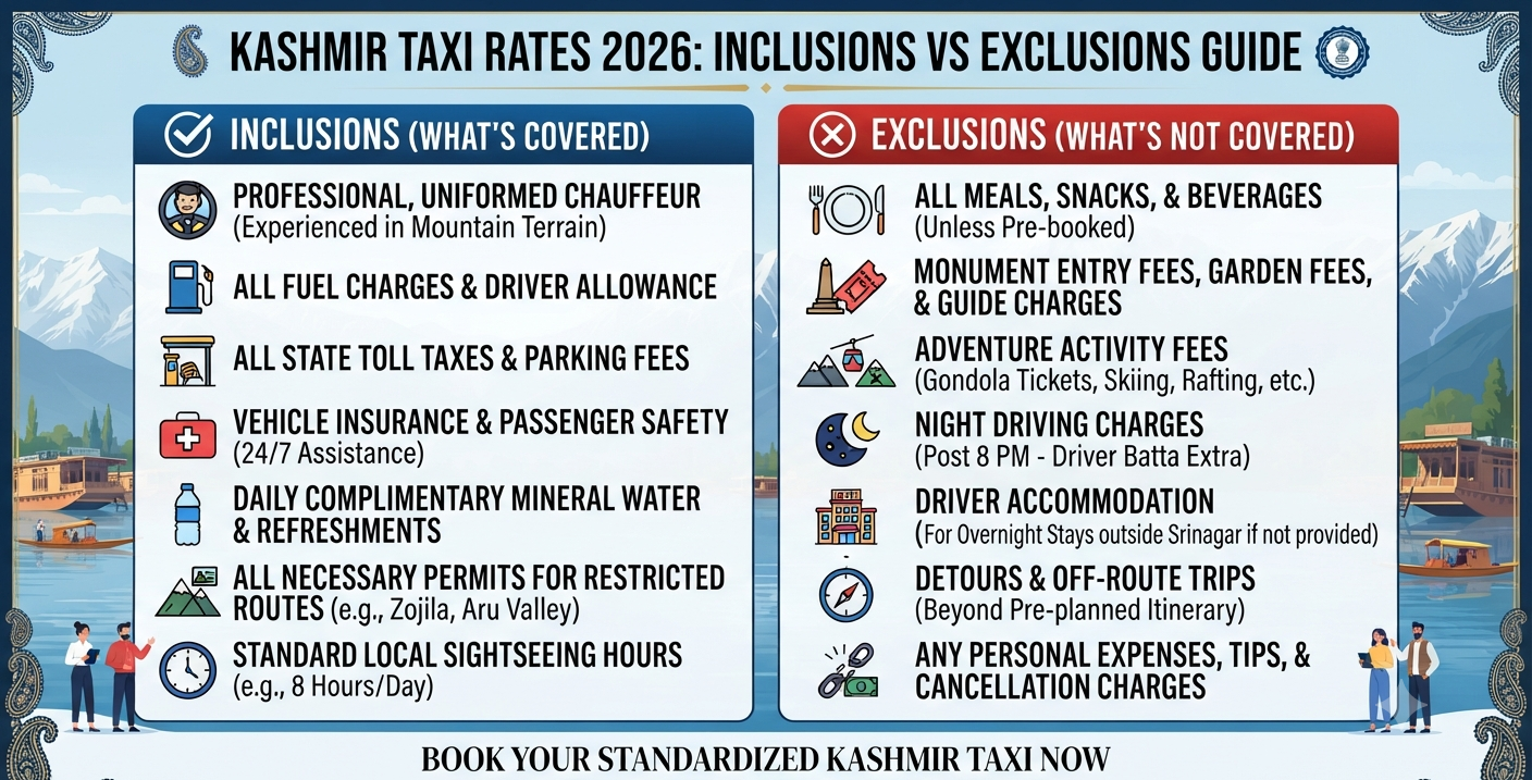 Kashmir taxi rates 2026 - inclusions and exclusions infographic
