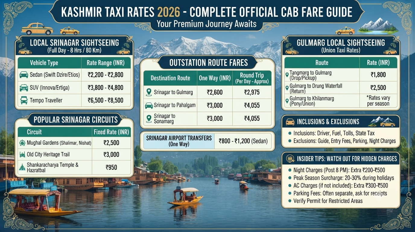 Kashmir taxi rates 2026 infographic - local sightseeing, outstation fares, airport transfers, union rates