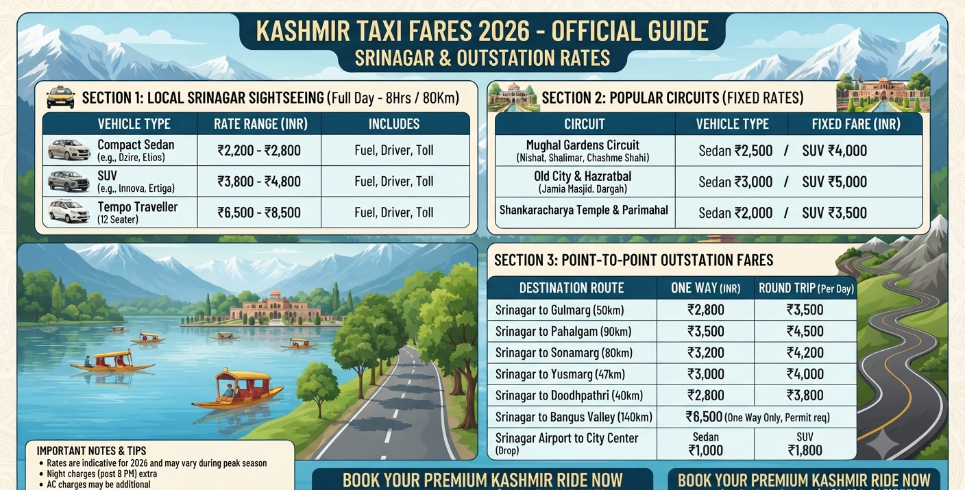 Kashmir taxi rates 2026 - local sightseeing fare infographic