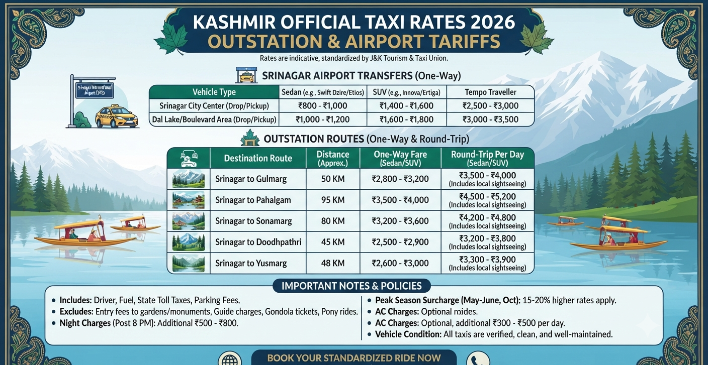 Kashmir taxi rates 2026 - outstation fare infographic