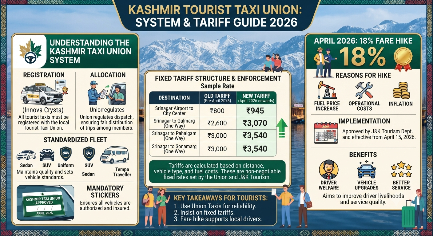 Kashmir taxi rates 2026 - union system and fare hike infographic