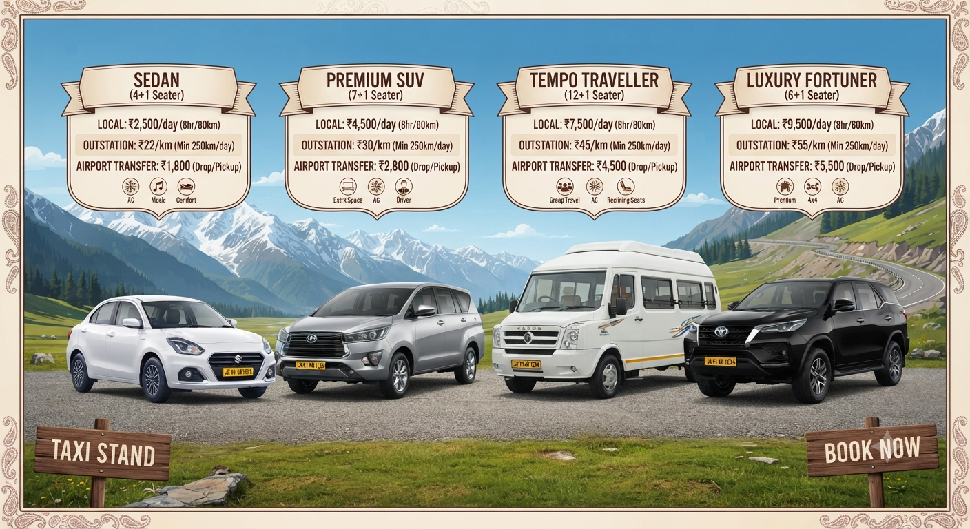 Kashmir taxi rates 2026 - vehicle options infographic