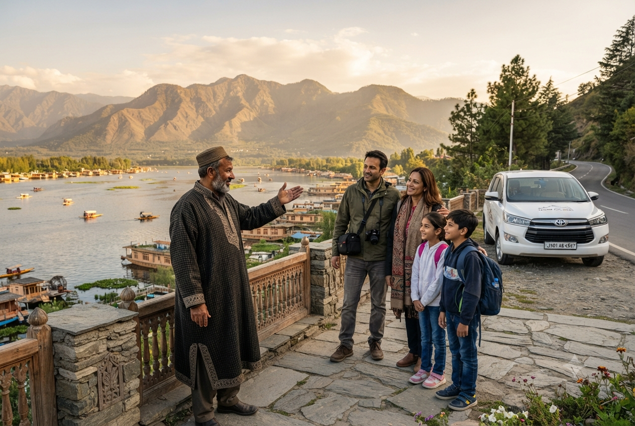 Kashmir taxi service with local driver guide 2026 - driver-guide explaining viewpoint to family