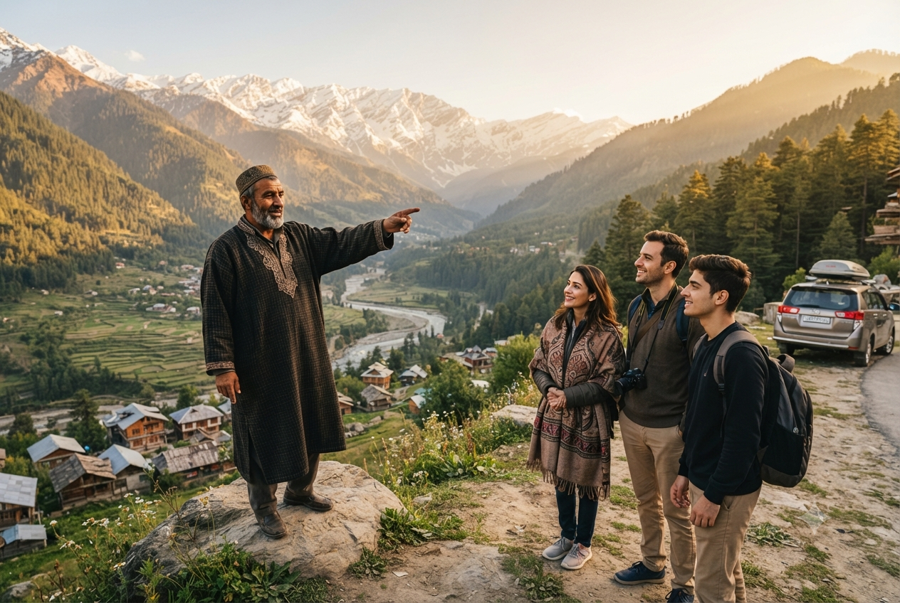 Kashmir taxi service with local driver guide 2026 - driver-guide showing scenic valley to tourists

