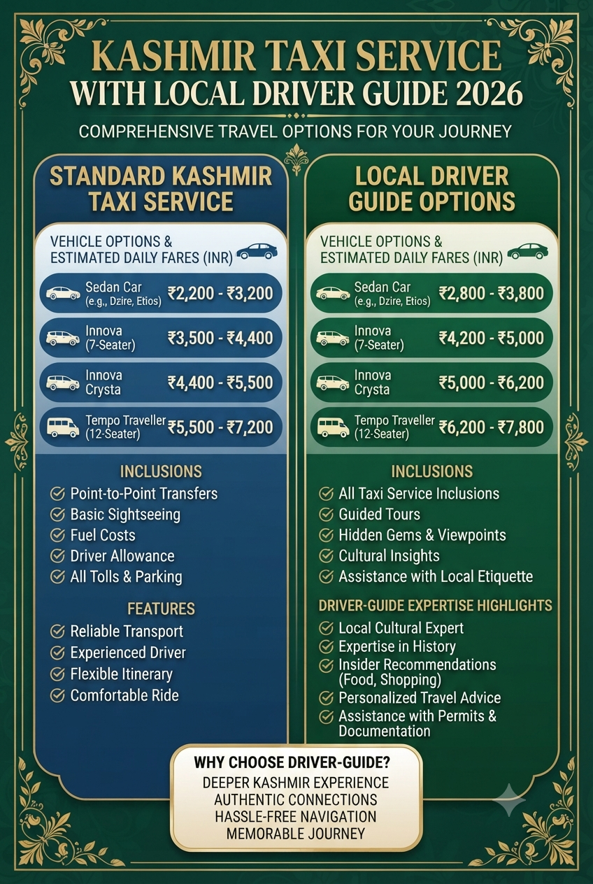 Kashmir taxi service with local driver guide 2026 infographic - vehicle options and driver-guide benefits