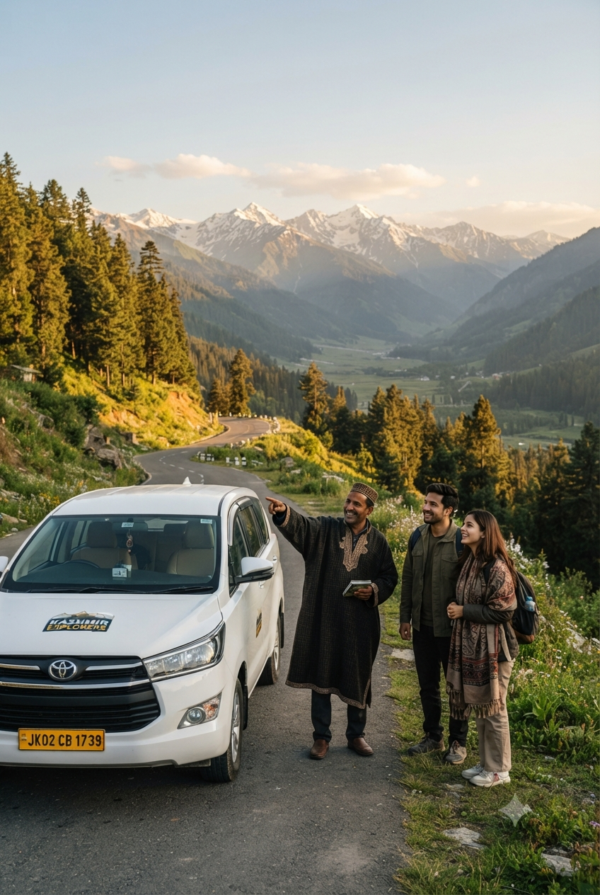 Kashmir taxi service with local driver guide 2026 - professional driver-guide with tourists in Kashmir
