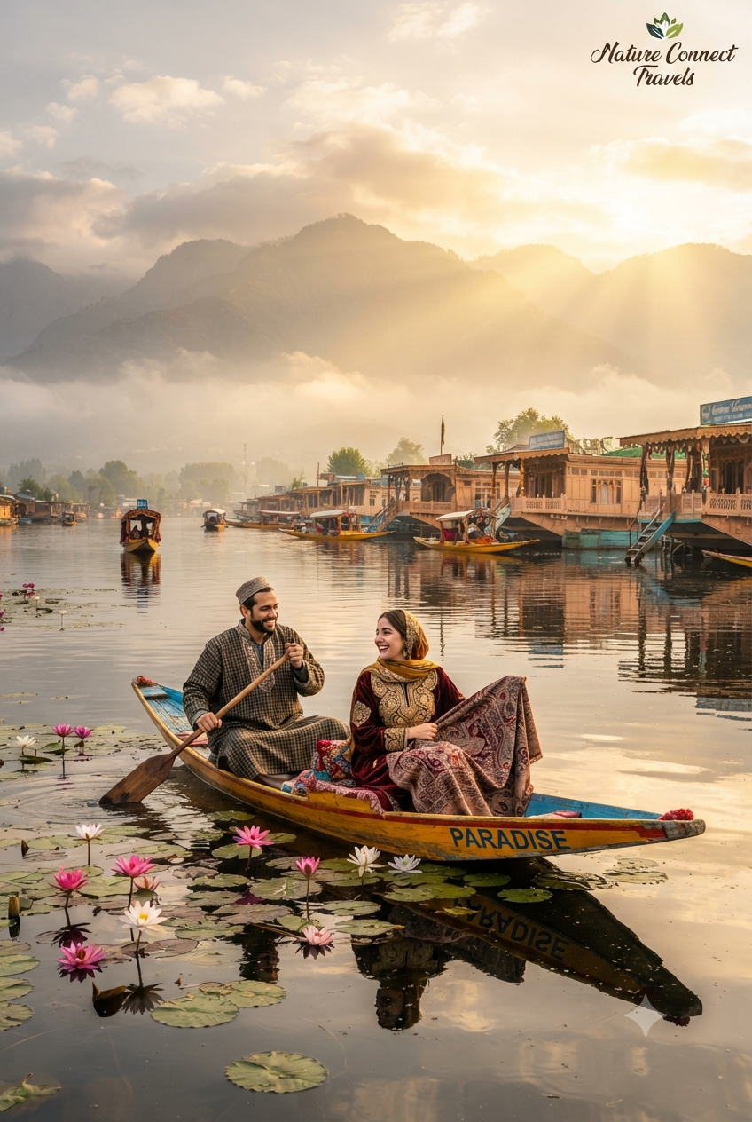 Kashmir tour package plan 2026 - Breathtaking Dal Lake sunrise with shikaras and houseboats