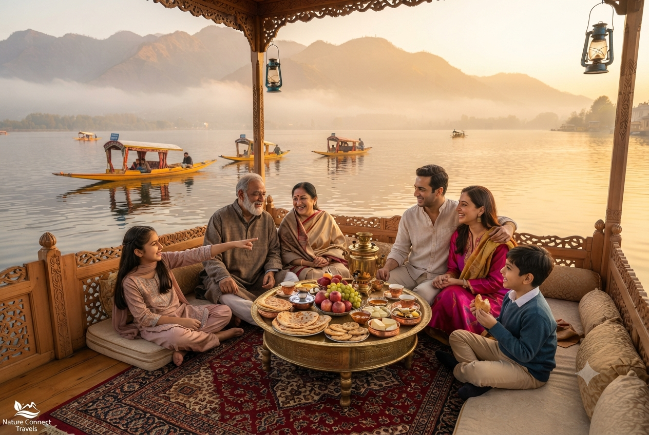 Kashmir tour packages from Mumbai for family 2026 - family enjoying breakfast on luxury houseboat at Dal Lake

