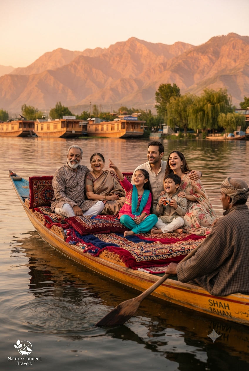 Kashmir tour packages from Mumbai for family 2026 - family enjoying shikara ride on Dal Lake