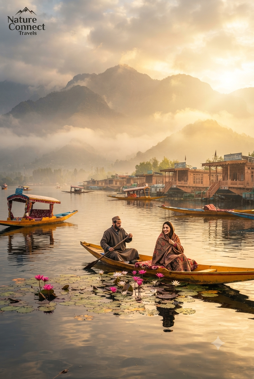 Kashmir travel guide 2026 - Breathtaking Dal Lake sunrise with shikaras and houseboats