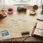Kashmir travel planning desk with map, laptop showing Nature Connect Travels booking form, Kahwa tea, and travel journal - how to plan a Kashmir holiday package