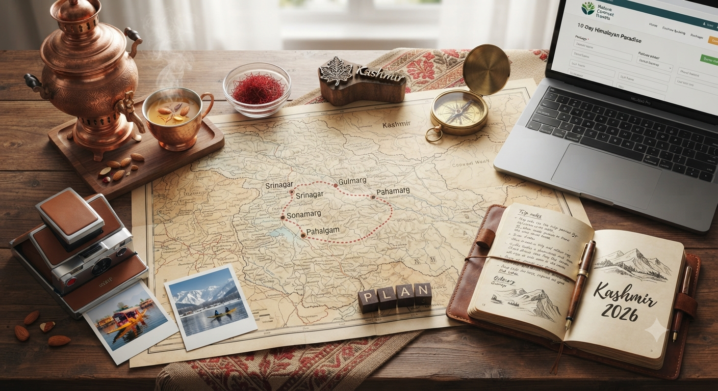 Kashmir travel planning desk with map, laptop showing Nature Connect Travels booking form, Kahwa tea, and travel journal - how to plan a Kashmir holiday package