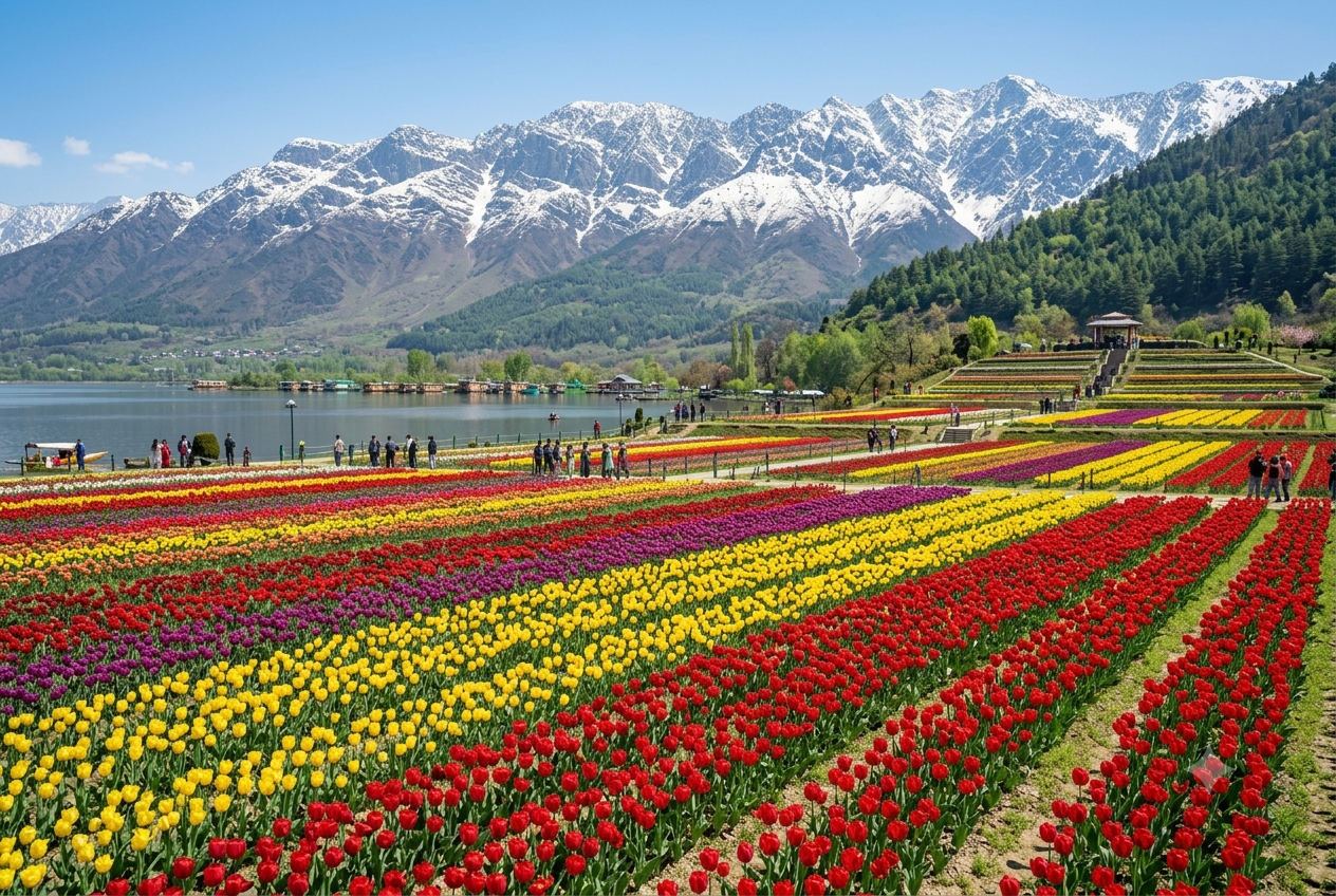 Kashmir Travel Season 2026 | Month-by-Month Guide | Best Time 5 Kashmir travel season 2026 - Tulip Festival in Srinagar with Dal Lake view