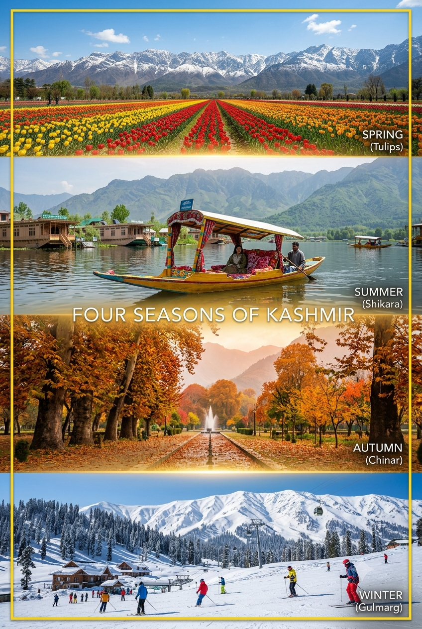 Kashmir travel season 2026 - four seasons collage spring summer autumn winter