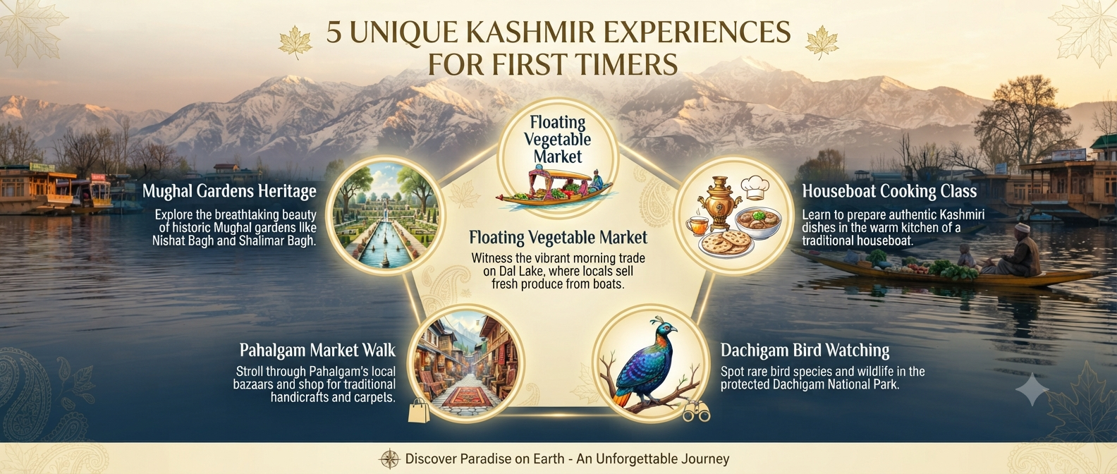 Kashmir travel tips for first timer - 5 unique experiences infographic floating market houseboat cooking bird watching market walk Mughal Gardens