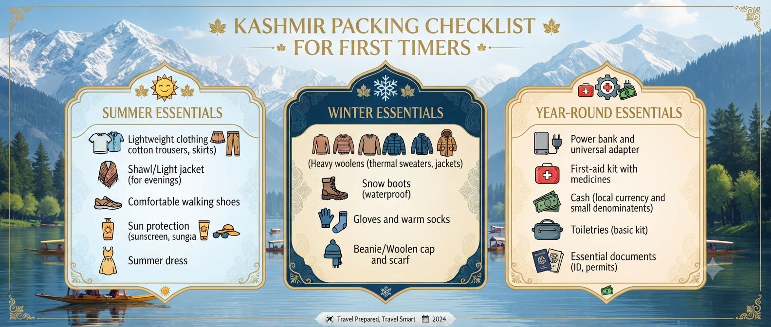 Kashmir travel tips for first timer - essential packing checklist infographic for summer winter and year-round