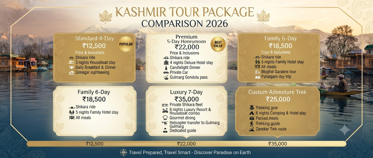 Kashmir travel tips for first timer - package cost comparison infographic 2026