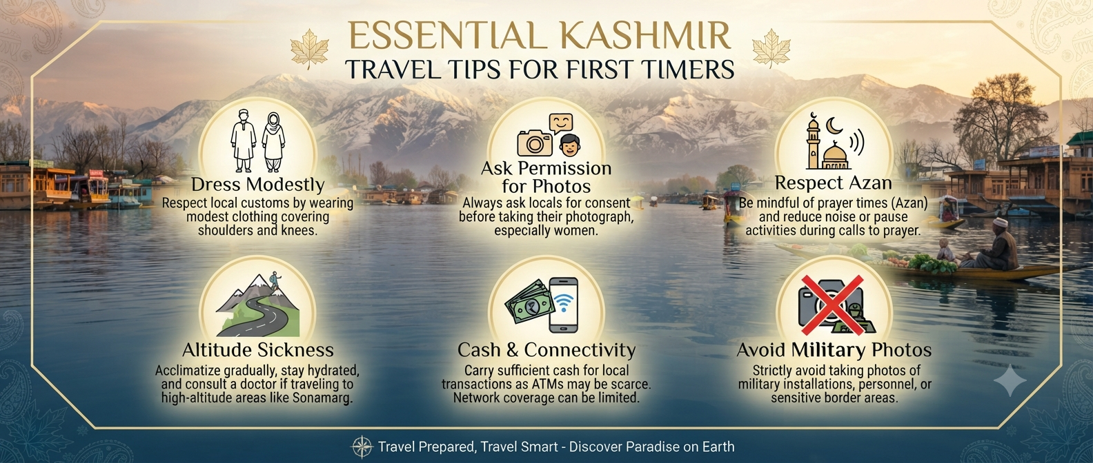 Kashmir travel tips for first timer - safety and cultural etiquette infographic