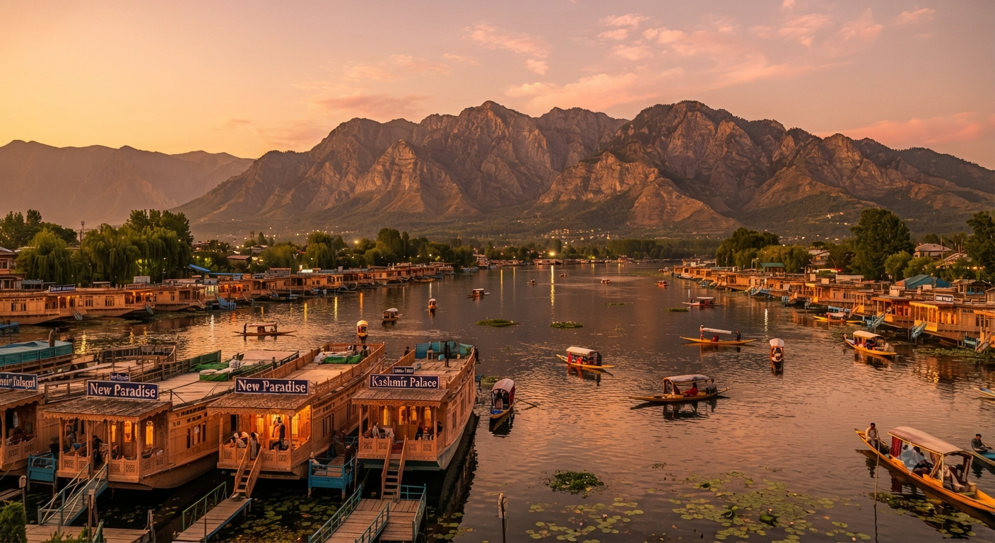 Kashmir Trip Cost for 7 Days 2026: Complete Budget Guide 8 Kashmir trip cost for 7 days - Dal Lake houseboat and shikara experience with mountain views