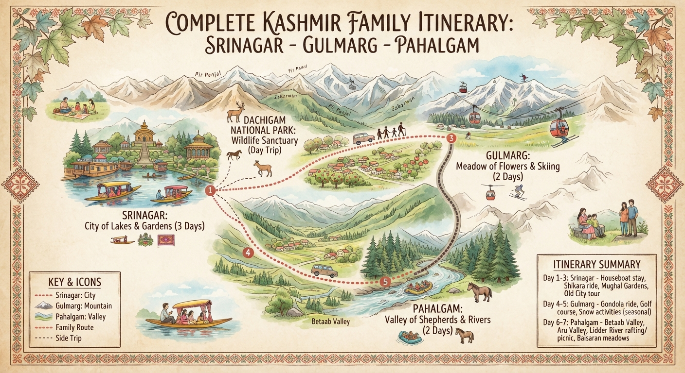 Kashmir Trip Cost Per Person for Family 2026 | Best Rates 11 Kashmir trip cost per person for family - 6-day itinerary map with route and prices
