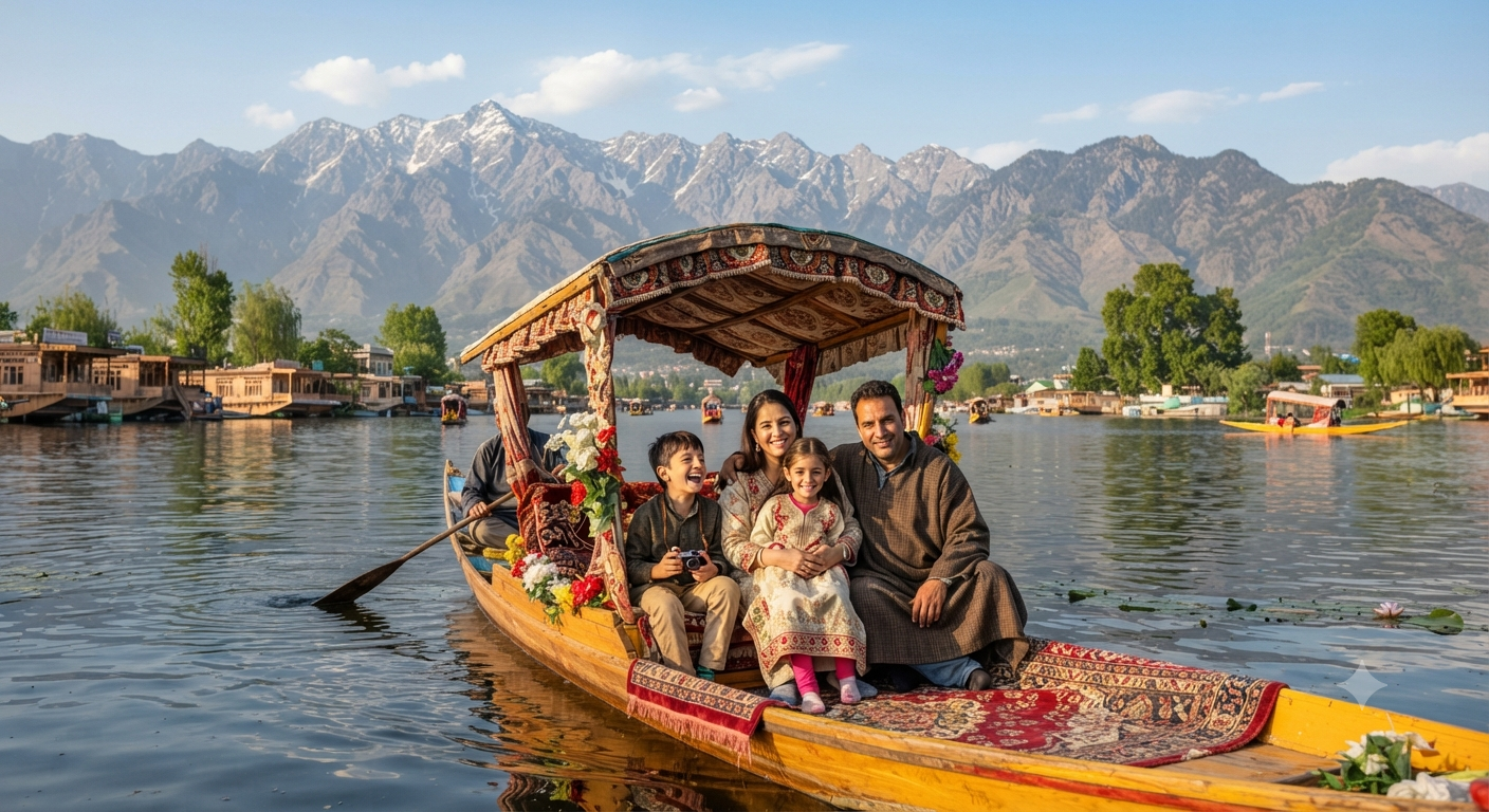 Kashmir Trip Cost Per Person for Family 2026 | Best Rates 8 Kashmir trip cost per person for family - family enjoying shikara ride on Dal Lake