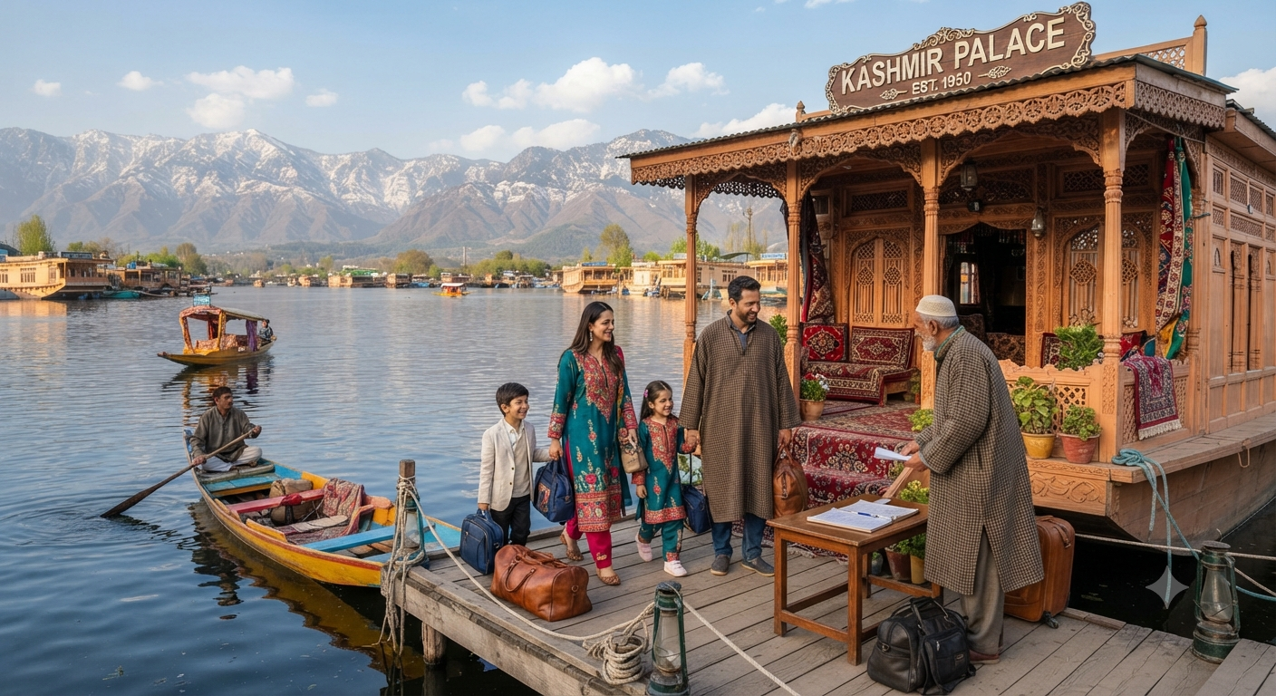 Kashmir Trip Cost Per Person for Family 2026 | Best Rates 9 Kashmir trip cost per person for family - houseboat accommodation on Dal Lake
