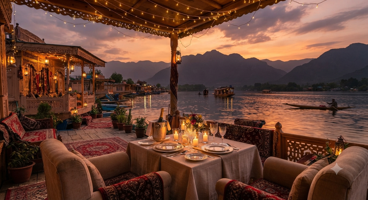 Kashmir trip for couples 2026 - candlelight dinner on houseboat deck