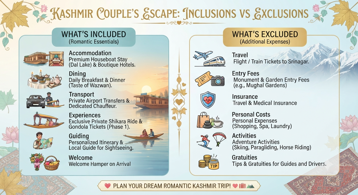 Kashmir trip for couples 2026 - inclusions and exclusions infographic