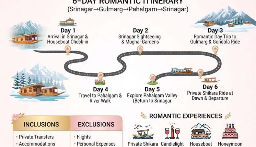 Kashmir trip for couples 2026 infographic - package prices 22000-120000 rupees, romantic itinerary, inclusions houseboat shikara candlelight dinner