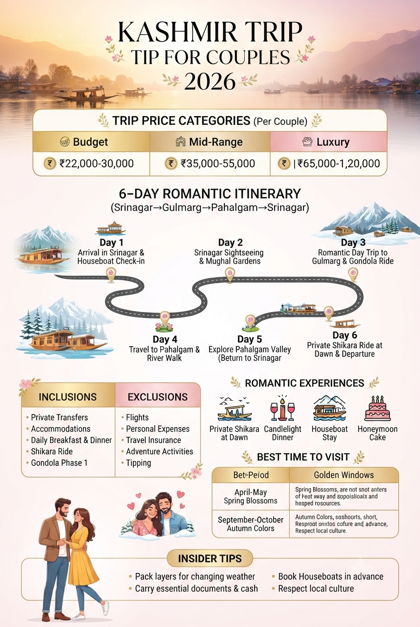 Kashmir trip for couples 2026 infographic - package prices 22000-120000 rupees, romantic itinerary, inclusions houseboat shikara candlelight dinner