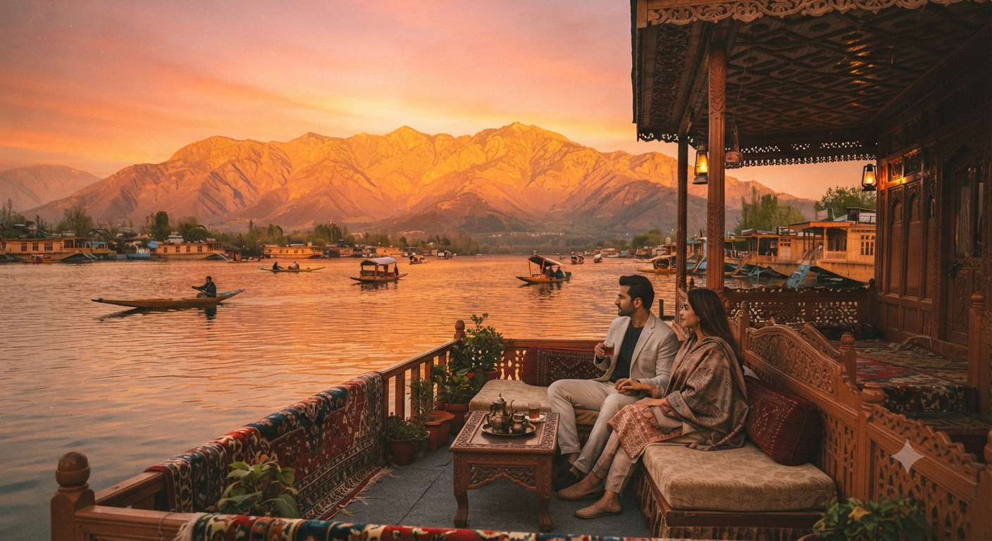 Kashmir trip for couples 2026 - romantic couple on houseboat at Dal Lake sunset