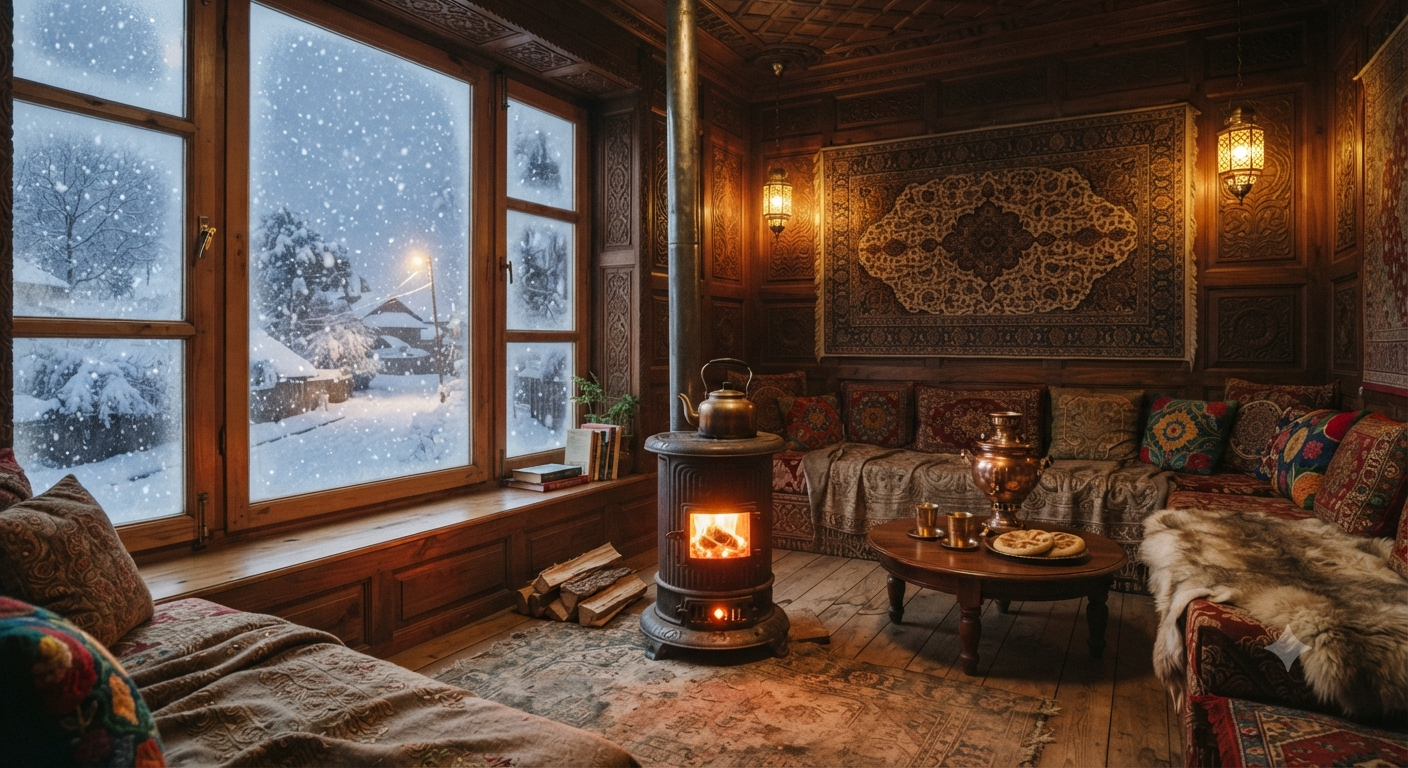 Kashmir Winter Tour Packages 2026 | Snow & Ski Deals 13 Kashmir winter tour packages - cozy heated room with bukhari and snow outside