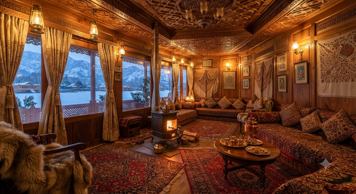 Kashmir Winter Tour Packages 2026 | Snow & Ski Deals 11 Kashmir winter tour packages - luxury heated houseboat interior with traditional decor